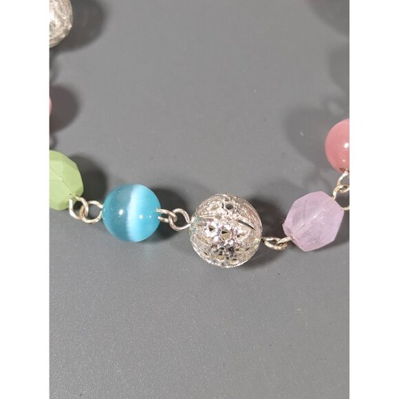 Boho Coastal Beachy Pastel Glass Cats Eye Filigree Bead Bracelet 6.5" - Picture 2 of 7